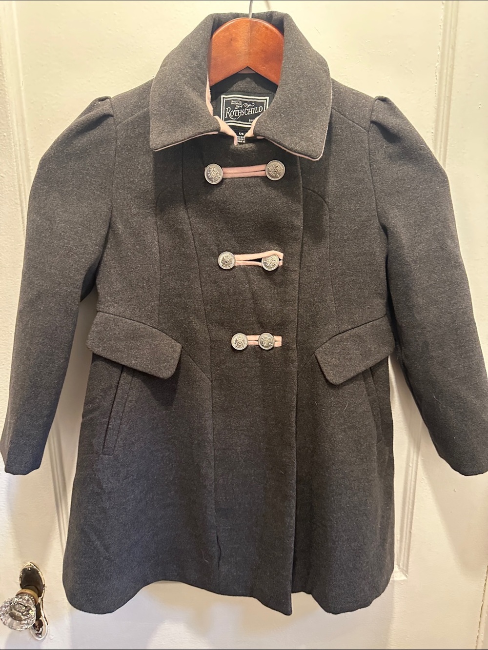 Rothschild Charcoal Gray Girls' Double-Breasted Pea Coat with Pink Trim